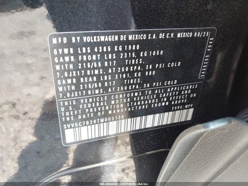2026 Volkswagen Taos S VIN: 3VV5C7B26TM003136 Lot: 45554383