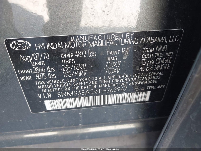 2020 Hyundai Santa Fe Sel VIN: 5NMS33AD6LH262967 Lot: 45554404