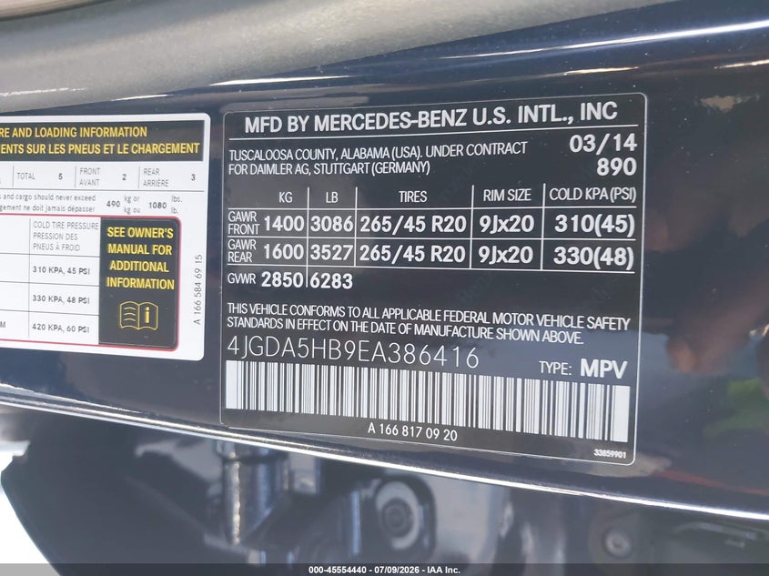 2014 Mercedes-Benz Ml 350 4Matic VIN: 4JGDA5HB9EA386416 Lot: 45554440