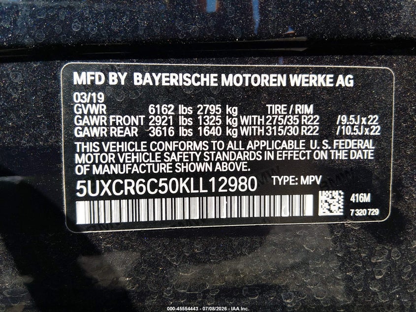 2019 BMW X5 SPORT UTILITY VEHICLE 3.0L I-6 DI, DOHC, VVT, TURBO, 335HP