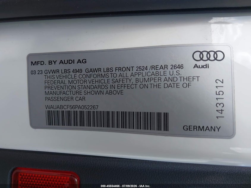 2023 Audi A5 Sportback Premium 40 Tfsi Quattro S Tronic VIN: WAUABCF56PA052267 Lot: 45554466
