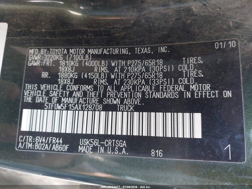 2010 Toyota Tundra Grade 5.7L V8 VIN: 5TFUW5F15AX128708 Lot: 45554477