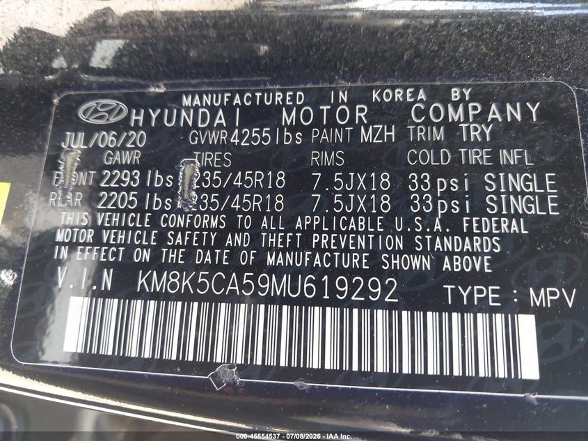 2021 Hyundai Kona Ultimate VIN: KM8K5CA59MU619292 Lot: 45554537