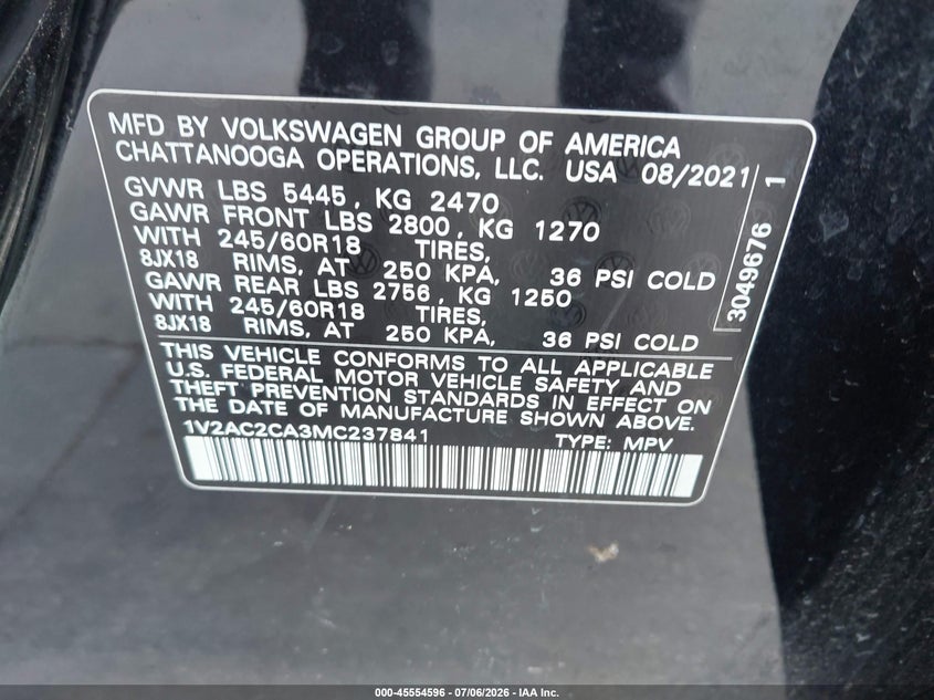 2021 Volkswagen Atlas Cross Sport 2.0T S VIN: 1V2AC2CA3MC237841 Lot: 45554596