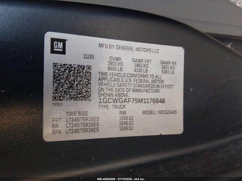 2021 Chevrolet Express Cargo Rwd 2500 Regular Wheelbase Wt VIN: 1GCWGAF75M1176848 Lot: 45554598