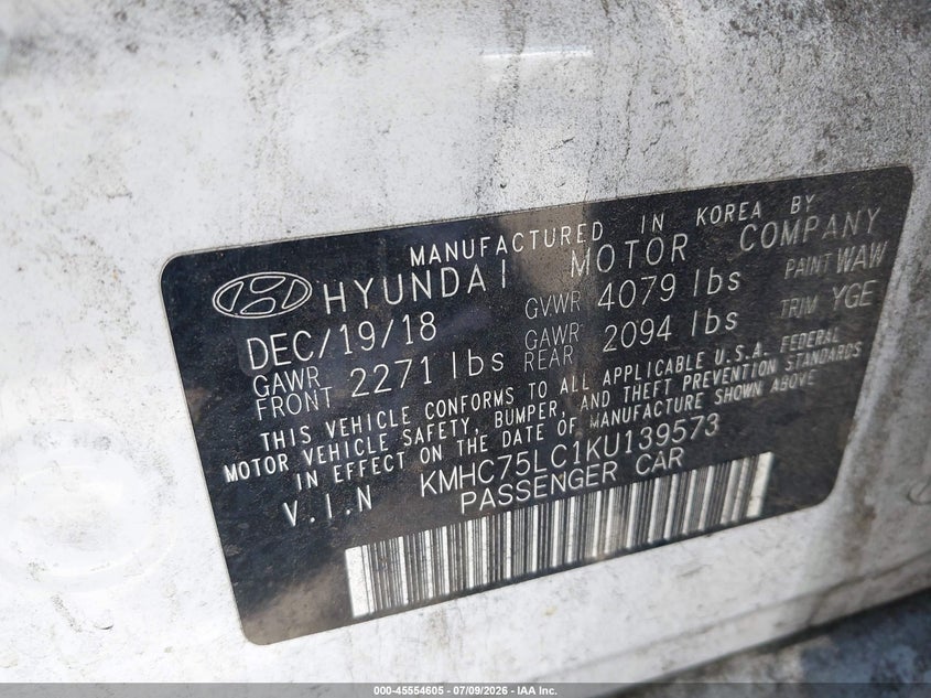 2019 Hyundai Ioniq Hybrid Sel VIN: KMHC75LC1KU139573 Lot: 45554605