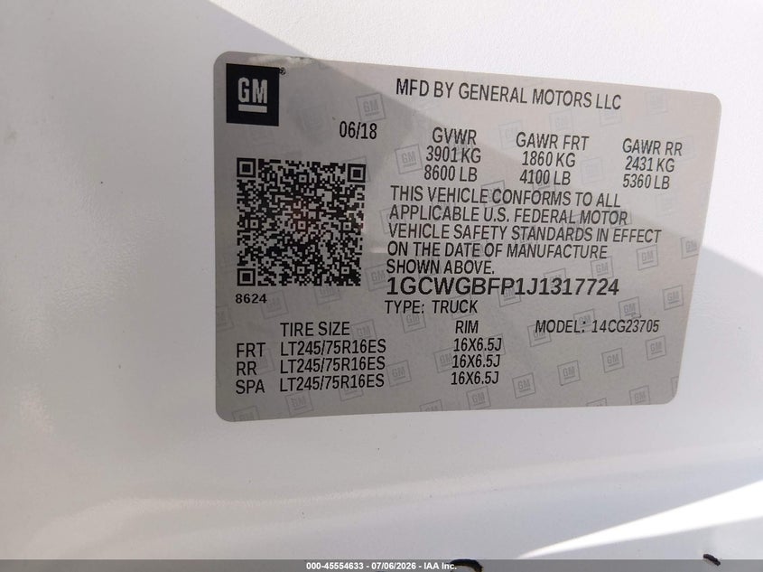 2018 Chevrolet Express 2500 Work Van VIN: 1GCWGBFP1J1317724 Lot: 45554633
