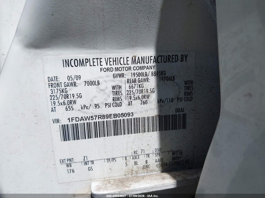 2009 Ford F-550 Chassis Lariat/Xl/Xlt VIN: 1FDAW57R89EB05093 Lot: 45554637