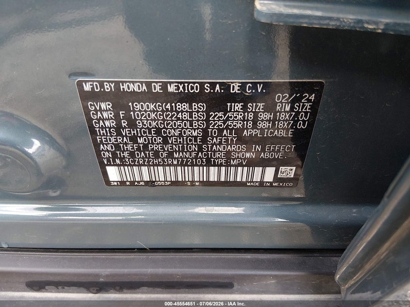 2024 Honda Hr-V Awd Sport/Awd Sport W/O Bsi VIN: 3CZRZ2H53RM772103 Lot: 45554651