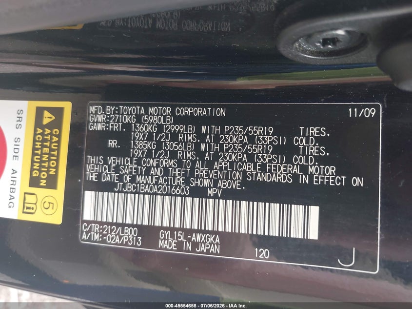 2010 Lexus Rx 450H VIN: JTJBC1BA0A2016603 Lot: 45554658