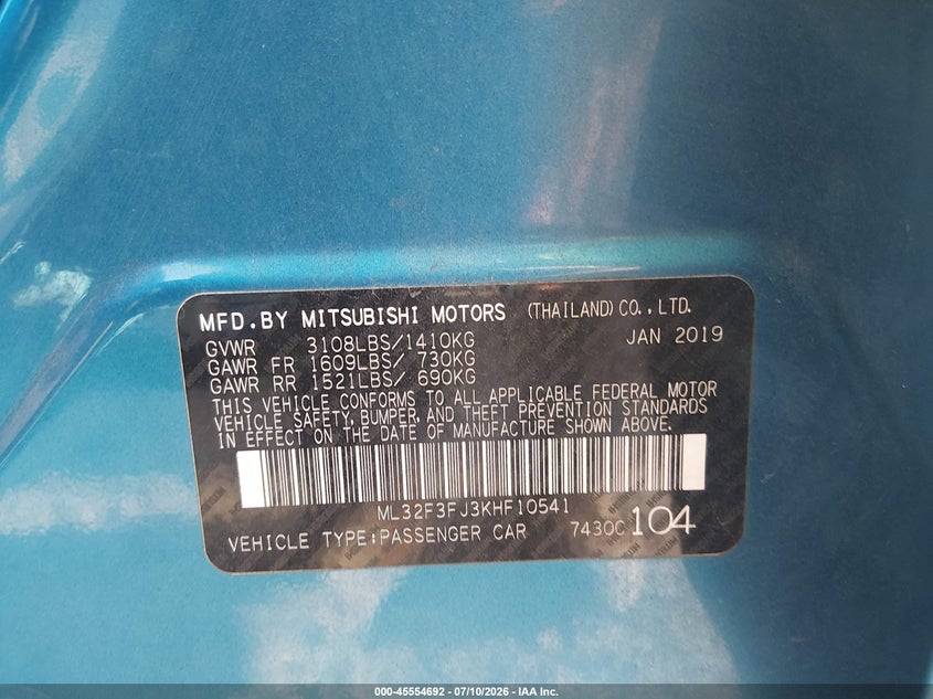 2019 Mitsubishi Mirage G4 Es VIN: ML32F3FJ3KHF10541 Lot: 45554692