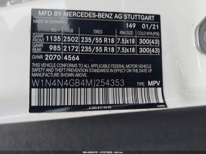 2021 Mercedes-Benz Gla 250 VIN: W1N4N4GB4MJ254353 Lot: 45554707