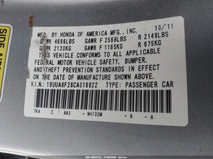 2012 Acura Tl 3.5 VIN: 19UUA8F26CA016922 Lot: 45554722