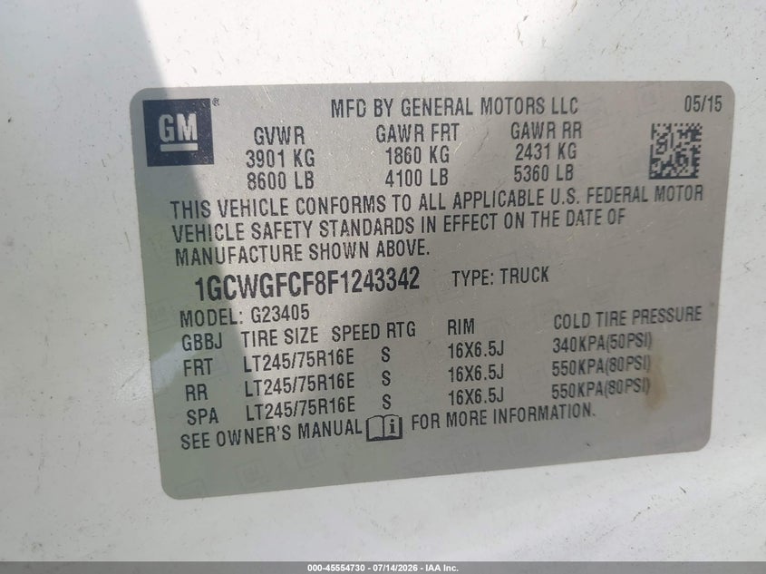 2015 Chevrolet Express 2500 Work Van VIN: 1GCWGFCF8F1243342 Lot: 45554730