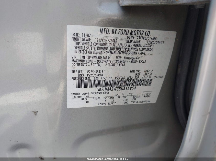 2008 Mercury Sable Premier VIN: 1MEHM43W38G616954 Lot: 45554762
