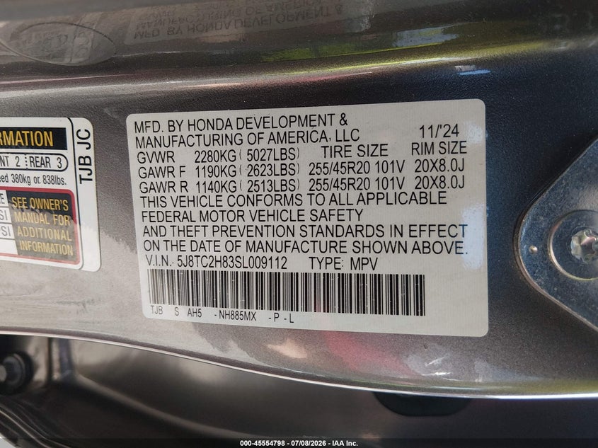 2025 Acura Rdx A-Spec Advance VIN: 5J8TC2H83SL009112 Lot: 45554798
