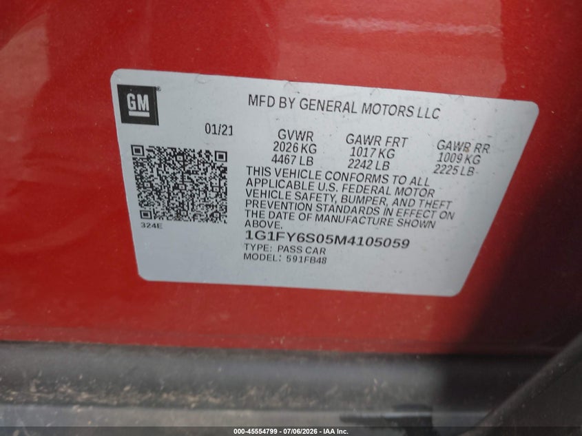 2021 Chevrolet Bolt Ev Fwd Lt VIN: 1G1FY6S05M4105059 Lot: 45554799