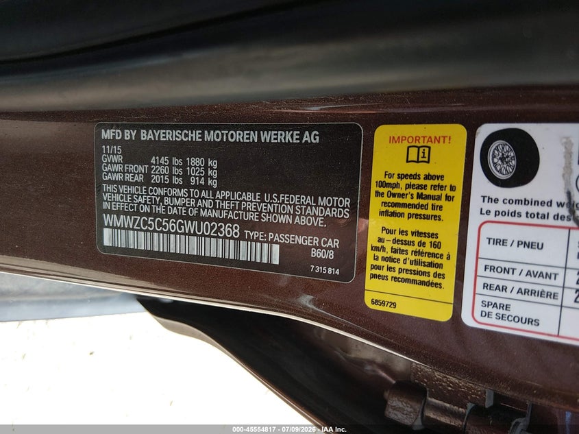 2016 Mini Countryman Cooper S VIN: WMWZC5C56GWU02368 Lot: 45554817
