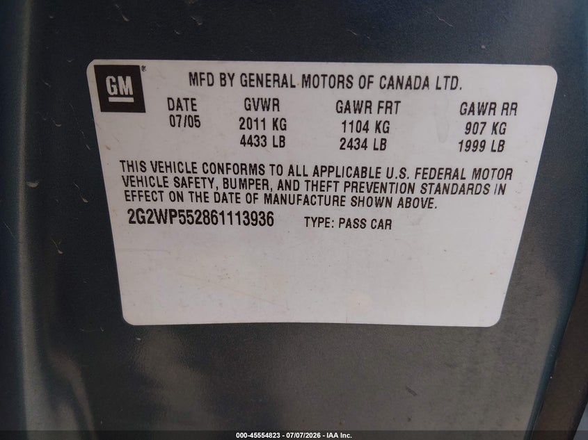 2006 Pontiac Grand Prix VIN: 2G2WP552861113936 Lot: 45554823