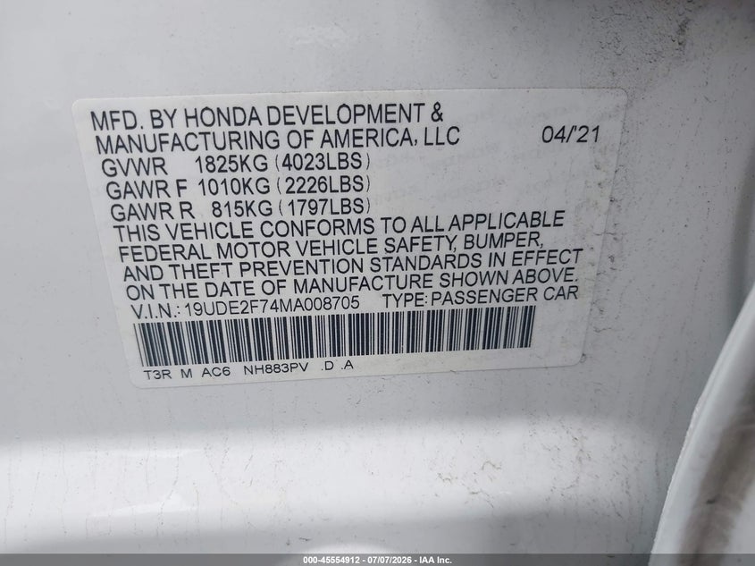 2021 Acura Ilx Premium Package/Technology Package VIN: 19UDE2F74MA008705 Lot: 45554912
