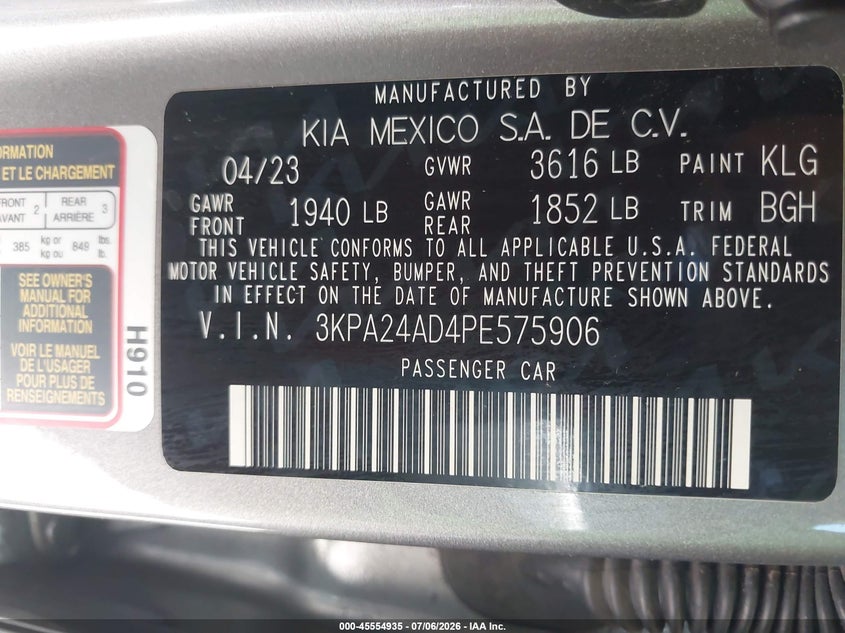 2023 Kia Rio S VIN: 3KPA24AD4PE575906 Lot: 45554935