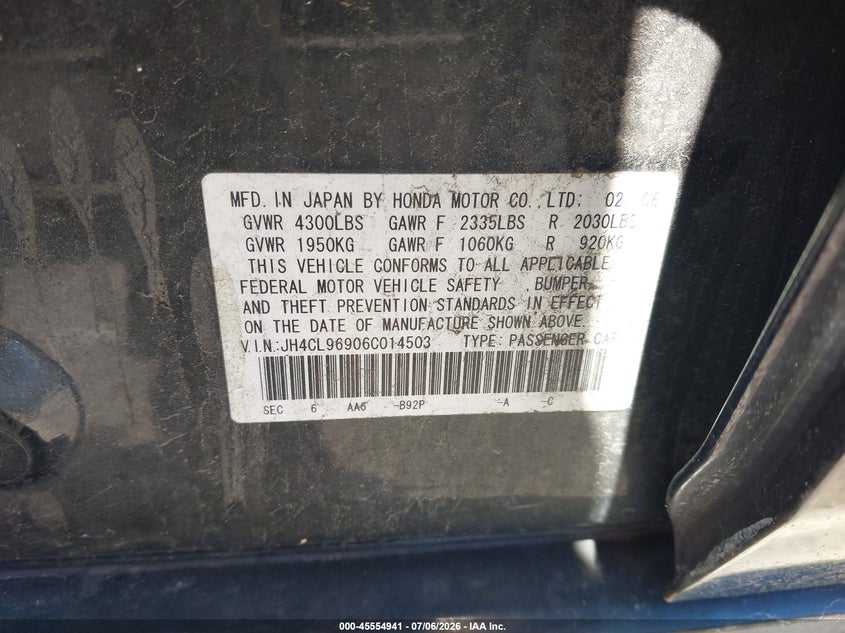 2006 Acura Tsx VIN: JH4CL96906C014503 Lot: 45554941