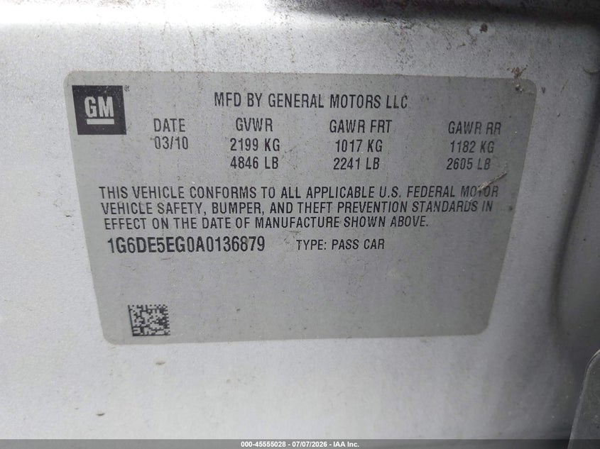 2010 Cadillac Cts Luxury VIN: 1G6DE5EG0A0136879 Lot: 45555028