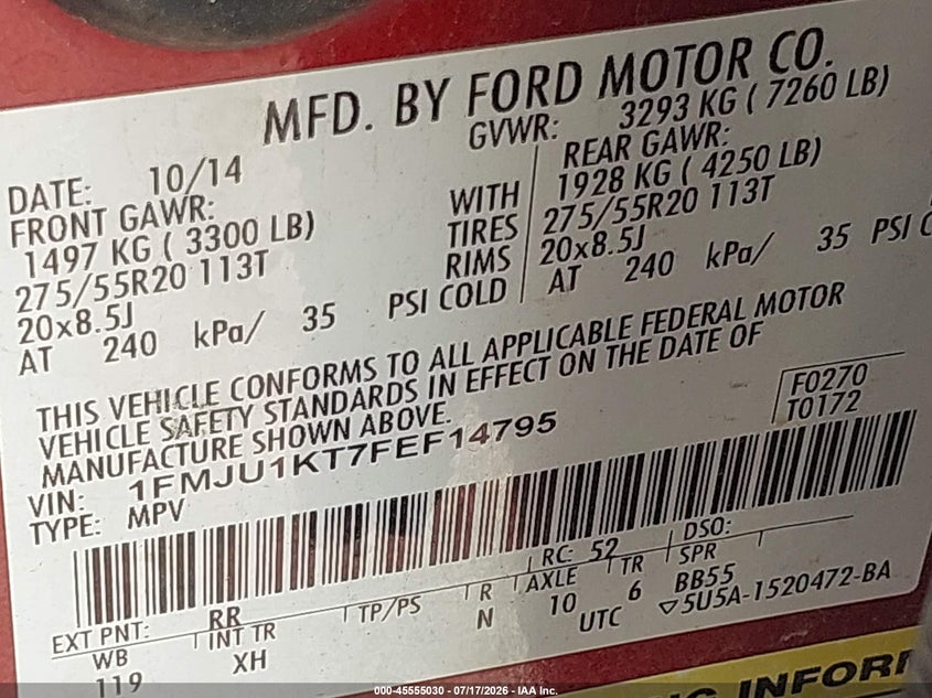 2015 Ford Expedition Limited VIN: 1FMJU1KT7FEF14795 Lot: 45555030