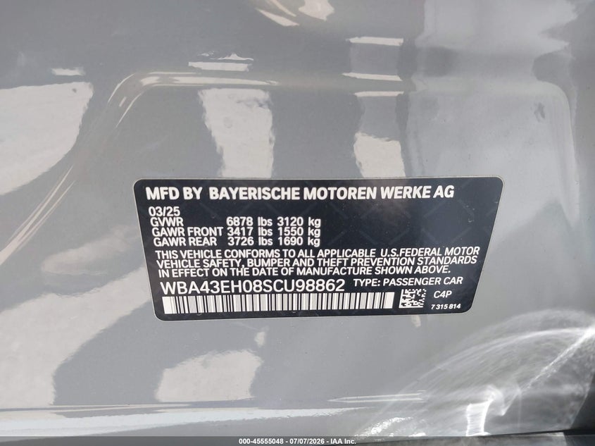 2025 BMW 750E xDrive VIN: WBA43EH08SCU98862 Lot: 45555048