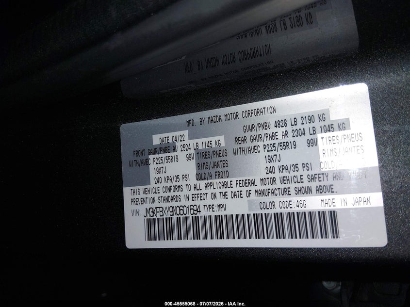 2022 Mazda Cx-5 2.5 Turbo Signature VIN: JM3KFBXY9N0601694 Lot: 45555068
