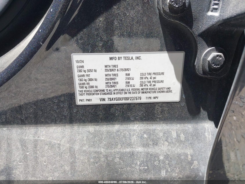 2025 Tesla Model Y Performance Dual Motor All-Wheel Drive VIN: 7SAYGDEF0SF237579 Lot: 45555096