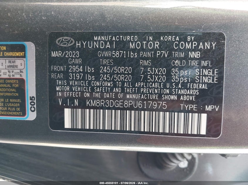 2023 Hyundai Palisade Xrt VIN: KM8R3DGE8PU617975 Lot: 45555101