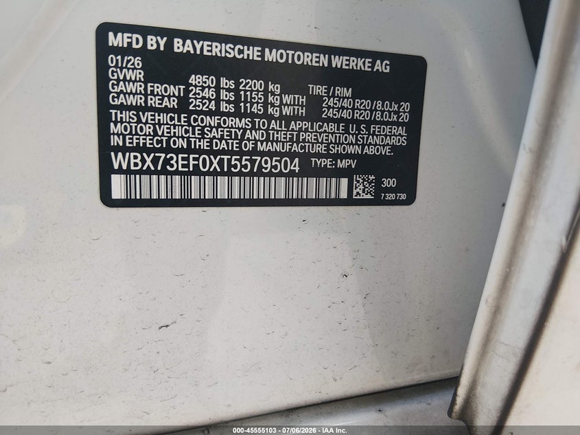 2026 BMW X1 xDrive28I VIN: WBX73EF0XT5579504 Lot: 45555103
