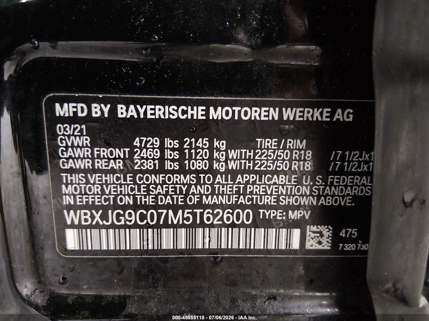 2021 BMW X1 xDrive28I VIN: WBXJG9C07M5T62600 Lot: 45555118