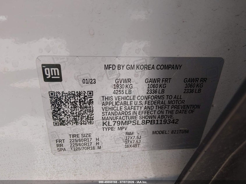 2023 Chevrolet Trailblazer Fwd Lt VIN: KL79MPSL8PB119342 Lot: 45555165