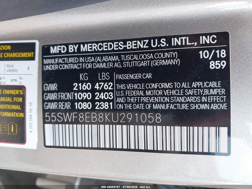 2019 Mercedes-Benz C 300 4Matic VIN: 55SWF8EB8KU291058 Lot: 45555167