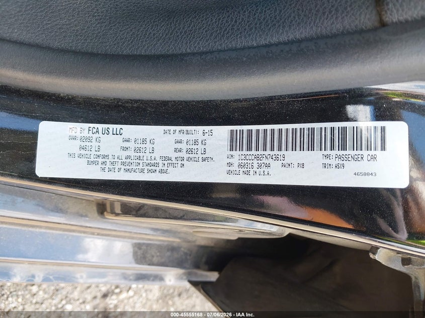 2015 Chrysler 200 Limited VIN: 1C3CCCAB2FN743619 Lot: 45555168