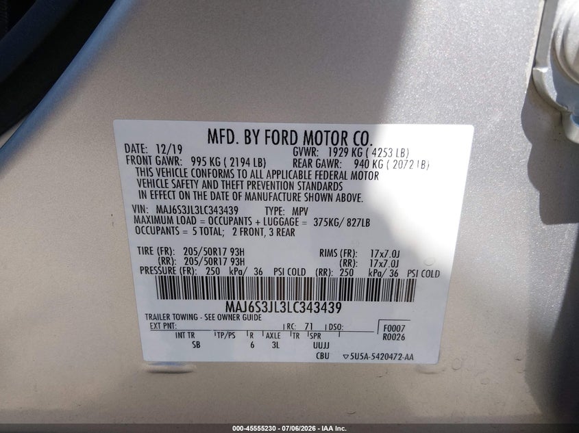 2020 Ford Ecosport Ses VIN: MAJ6S3JL3LC343439 Lot: 45555230