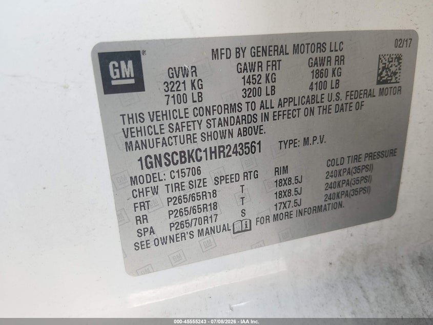 CHEVROLET TAHOE 2017 VIN 1GNSCBKC1HR243561