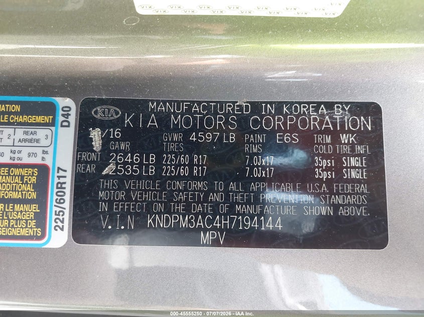 2017 Kia Sportage Lx VIN: KNDPM3AC4H7194144 Lot: 45555250