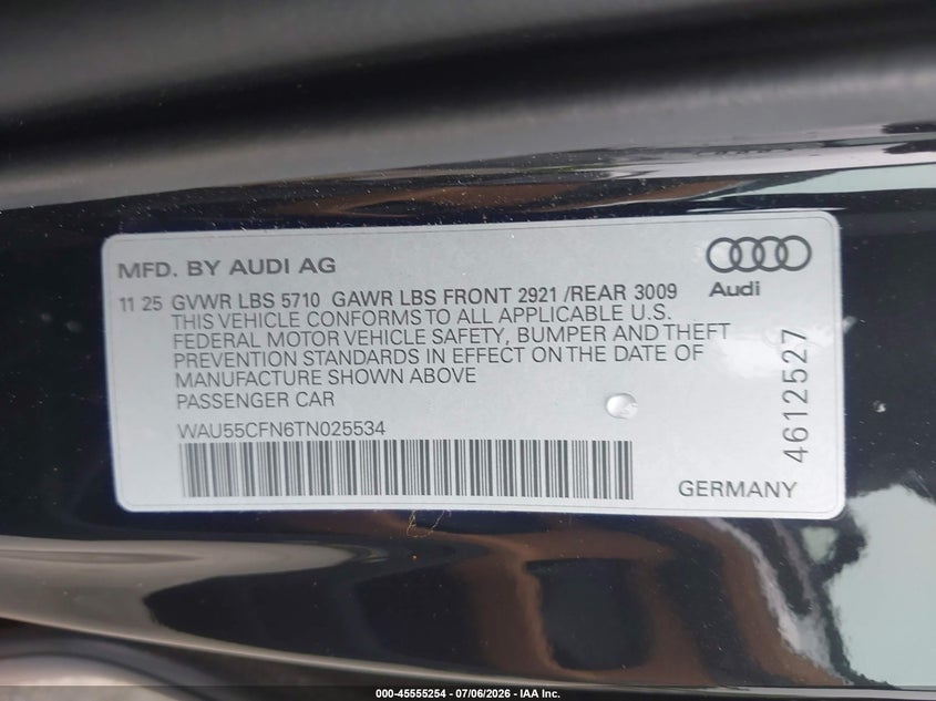 2026 Audi A6 Premium Plus Quattro S Tronic VIN: WAU55CFN6TN025534 Lot: 45555254