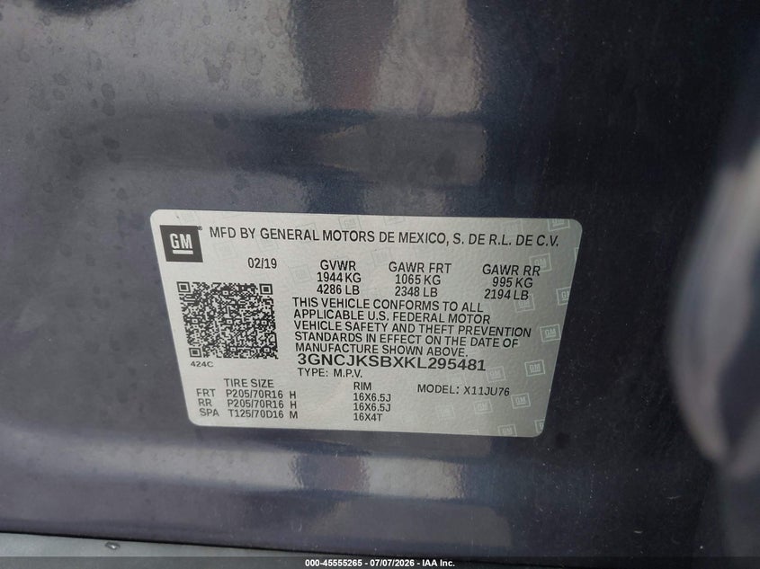 2019 Chevrolet Trax Ls VIN: 3GNCJKSBXKL295481 Lot: 45555265