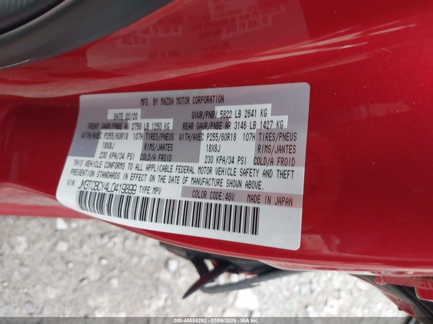 2020 Mazda Cx-9 Touring VIN: JM3TCBCY4L0419899 Lot: 45555292