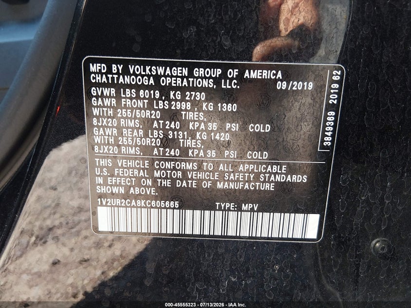 2019 Volkswagen Atlas 3.6L V6 Se W/Technology VIN: 1V2UR2CA8KC605665 Lot: 45555323