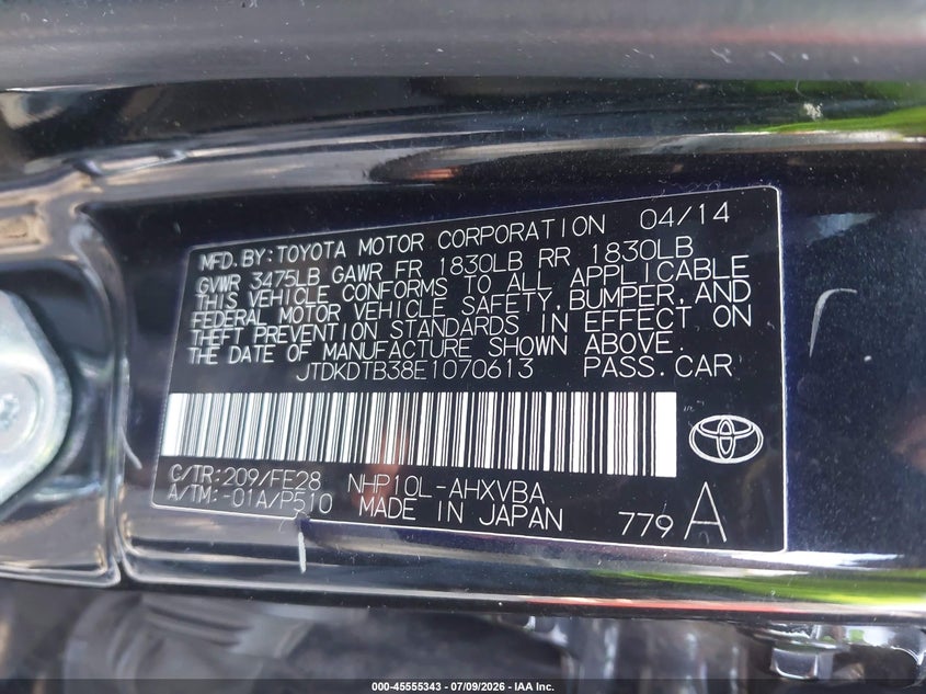 2014 Toyota Prius C One VIN: JTDKDTB38E1070613 Lot: 45555343