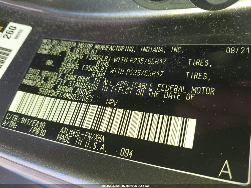 TOYOTA SIENNA 2021 VIN 5TDYSKFC4MS037663