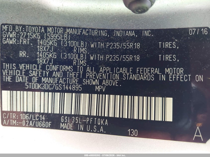 TOYOTA SIENNA 2016 VIN 5TDDK3DC7GS144895
