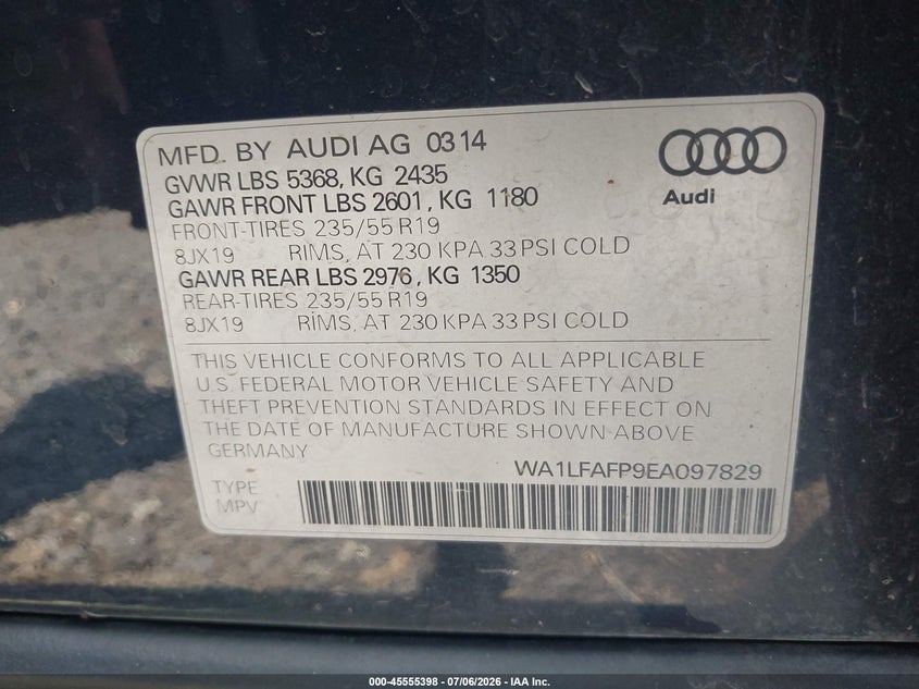 2014 Audi Q5 2.0T Premium VIN: WA1LFAFP9EA097829 Lot: 45555398