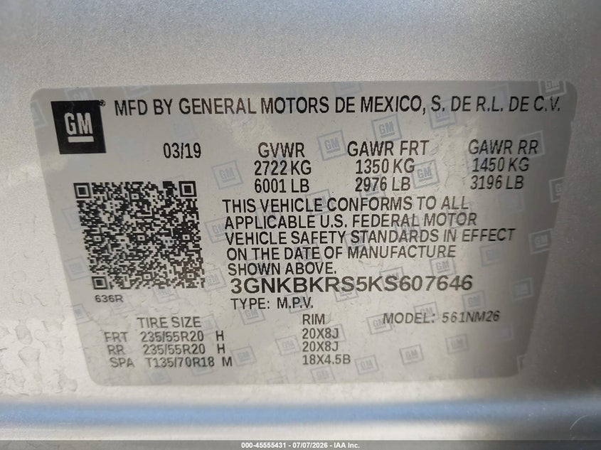 2019 Chevrolet Blazer Premier VIN: 3GNKBKRS5KS607646 Lot: 45555431