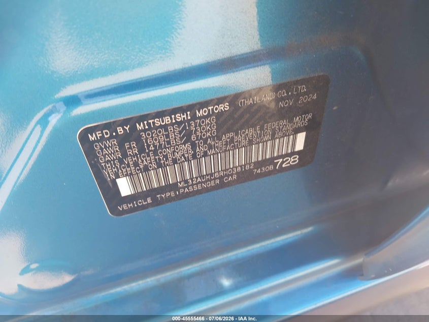 2024 Mitsubishi Mirage Es VIN: ML32AUHJ6RH038182 Lot: 45555466
